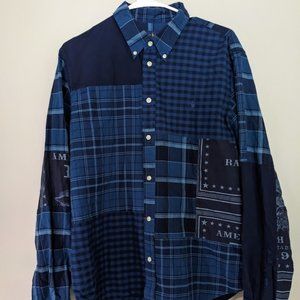 Ralph Lauren Polo Mens Navy Plaid Button Shirt Patchwork Blue Indigo Bandana XL